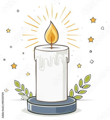Cartoon candle illustration with flame, stars, and decorative leaves for celebration.