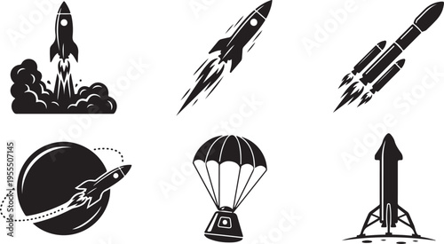 A collection of black and white icons related to space and rockets