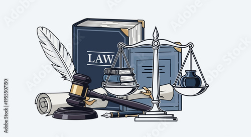 Legal System and Justice Symbols Including Gavel Scales and Law Books