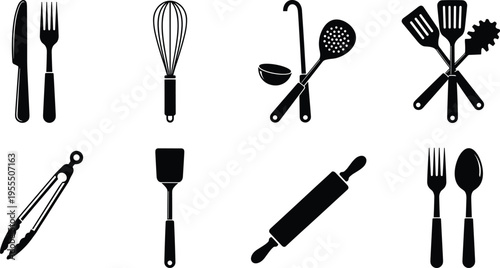 Kitchen utensil silhouettes collection with knife, fork, whisk, ladle, spatula, tongs and rolling pin isolated on white background cooking tools vector set