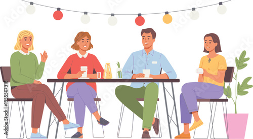 Friends chatting at cozy cafe table vector illustration, people drinking coffee social gathering indoor meeting flat design