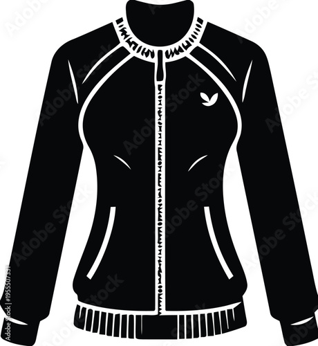 A black athletic jacket featuring a front zipper closure and a subtle leaf logo on the chest area isolated on white background, Vector, illustration