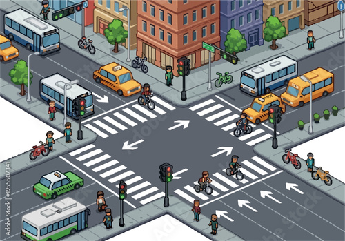 An isometric view of a busy city intersection with traffic lights, vehicles, and pedestrians