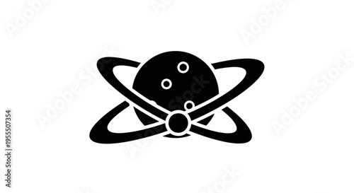 Minimalist Black and White Illustration of a Planet with Rings and Orbiting Elements