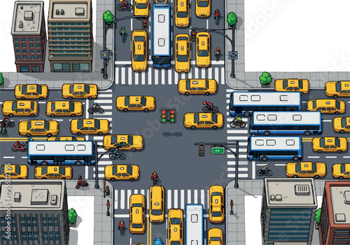Urban intersection scene with multiple yellow taxis, buses, and cars in a bustling city