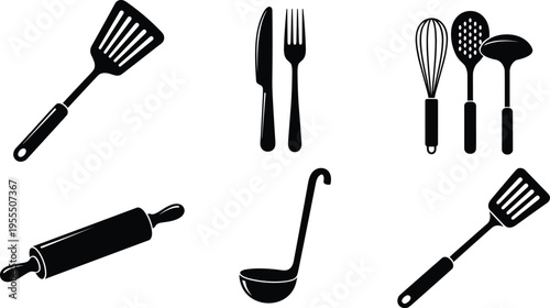 Kitchen utensil silhouettes set including spatula, fork, knife, whisk, ladle and rolling pin isolated on white background cooking tools vector icons