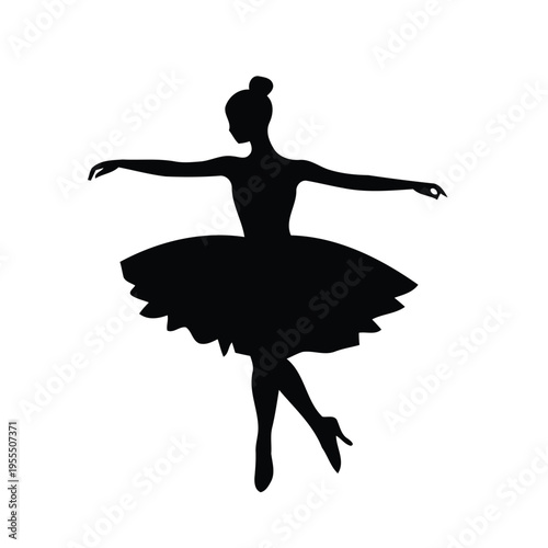 Black silhouette of a graceful ballerina performing a classic dance move with an elegant tutu skirt isolated on white background, Vector, illustration