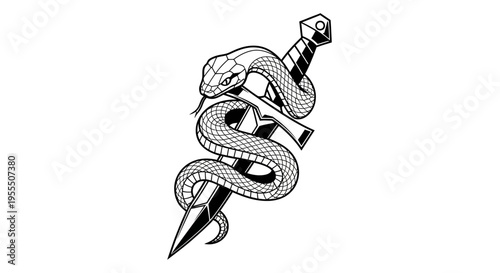 Minimalist Black and White Illustration of a Snake Coiled Around a Sword