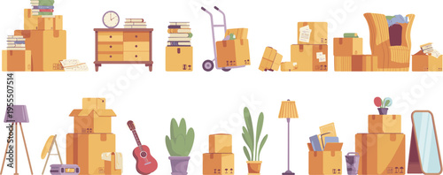 Moving house packing boxes furniture household items vector illustration, relocation storage cardboard packages home organization shipping preparation concept