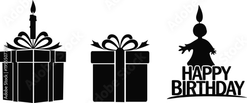 Minimalist birthday silhouettes with gift box, candle flame, and happy birthday text design for celebration, party, greeting, and festive icon set