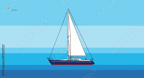 Minimalist Illustration of a Sailboat on Calm Blue Ocean Waters with Light Blue Sky in the