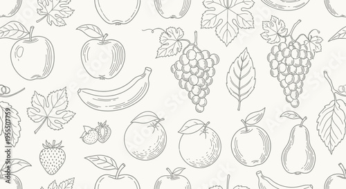 Minimalist Line Art Illustration of Various Fruits and Leaves in a Repeating Pattern