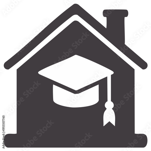House and Graduation Cap Icon Symbolizing Home Education, Online Learning, and Academic Achievement