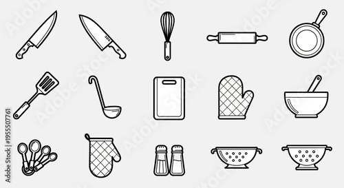 Minimalist Line Art Set of Kitchen Utensils and Cooking Equipment Illustration