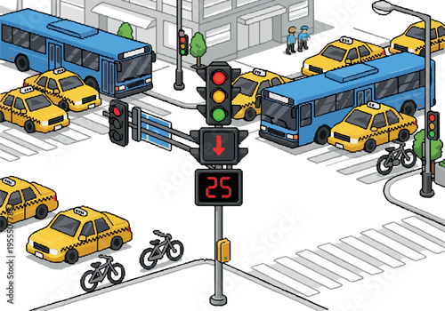 Busy urban intersection with traffic lights, yellow taxis, blue buses, and cyclists navigating a complex city street crossing in isometric perspective