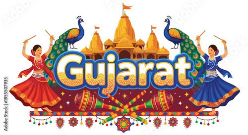 Graphic illustration of traditional Indian dancers and temple with Gujarat text in vibrant colors on white background.