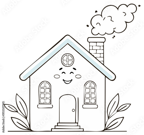 Cheerful Cartoon House with Smiling Face and Smoke Coming From Chimney