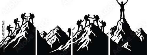 Mountain climbing silhouettes set of hikers teamwork helping reach summit adventure success concept outdoor expedition vector illustration collection