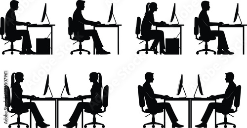 Office workers silhouettes set with men and women using computers, workplace productivity, corporate employees working at desks isolated on white background