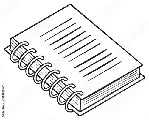 Isometric view of a sketchpad with spiral binding and lined pages