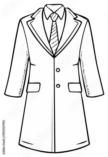 Elegant business attire long coat with a striped tie and collared shirt outline drawing for professional fashion concepts