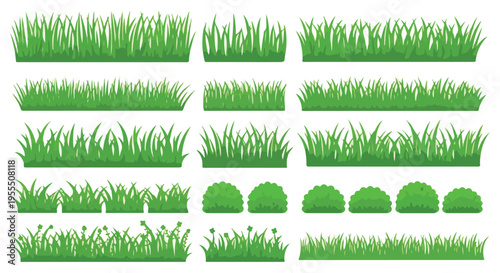 Collection of various green grass textures and styles on a white background.