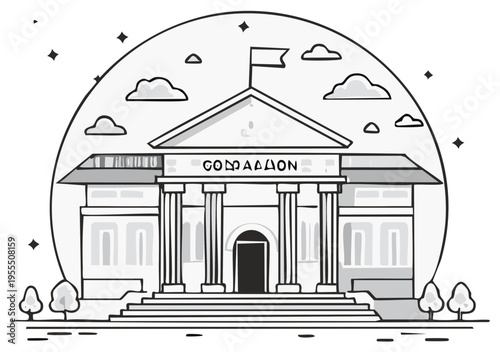 Classical Government Building with Columns and Pediment under a Starry Sky and Clouds
