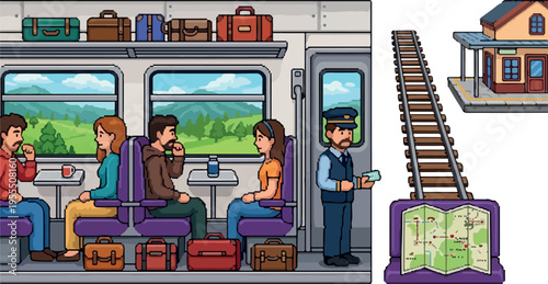 Train travel and station illustration with passengers, luggage and a ticket collector