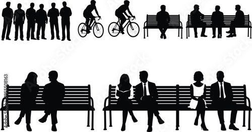 People silhouettes collection with men group, cyclists riding bicycles, and couples sitting on park benches, social interaction lifestyle scene isolated on white background