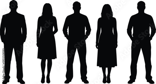 People silhouettes set with standing men and women, full body figures, human profiles, minimal black shapes isolated on white background