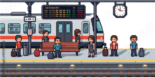 Pixel art train station scene with people waiting for a train and luggage on the platform