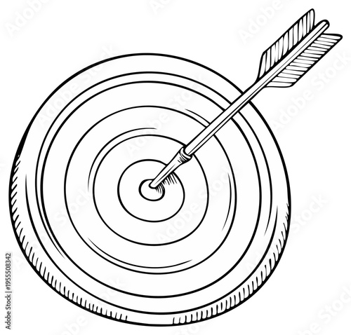 Archery Target with Arrow Bullseye in Center Accuracy Success Achievement Black and White Hand Drawn Illustration