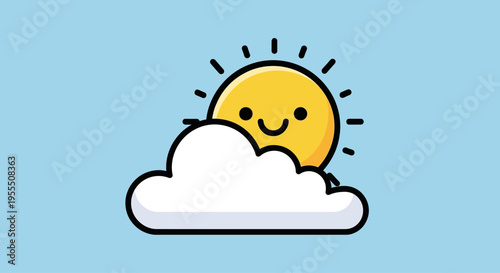 Playful and cheerful cartoon sun with a smiling face partly hidden behind a white cloud on a light