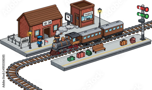 A charming isometric illustration of a vintage train station with a steam engine, carriages, passengers, luggage, and signal lights, set in a quaint town