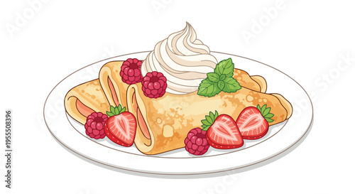 Illustration of crepes on a plate with strawberries, raspberries, and whipped cream against a white background.
