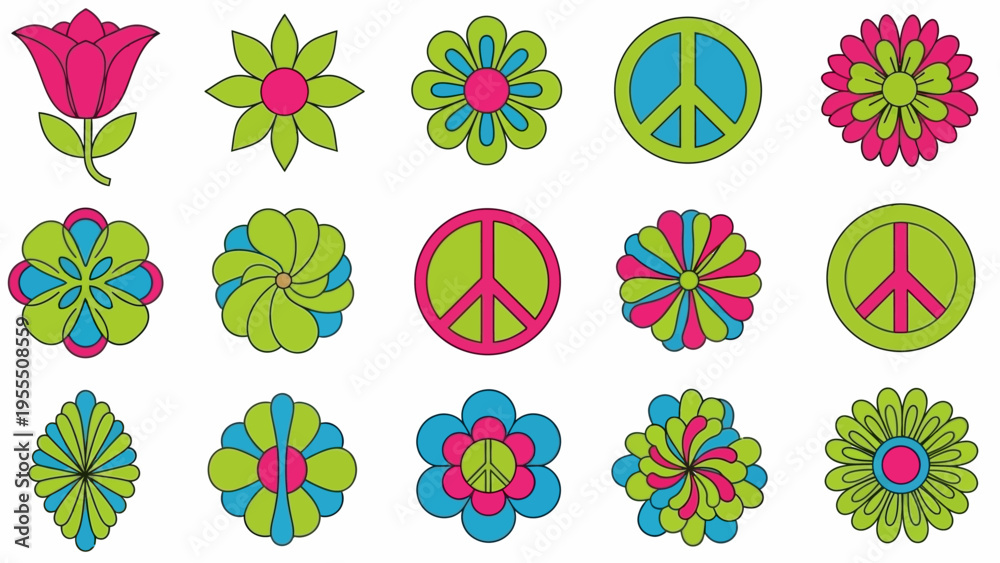 Naklejka premium Set of colorful abstract floral and peace symbol designs in vibrant green pink and blue shades