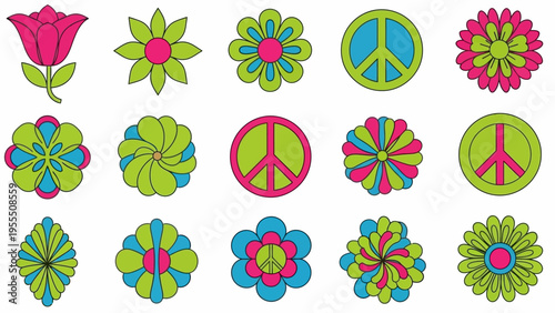 Set of colorful abstract floral and peace symbol designs in vibrant green pink and blue shades