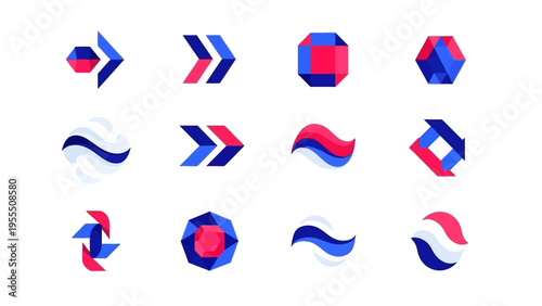 Set of colorful geometric 3D icons with arrows hexagons and waves in blue red and white shades for