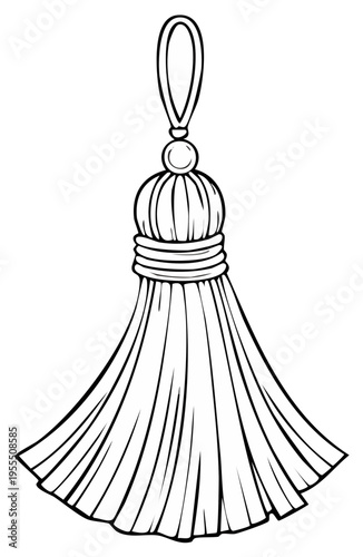 Classic textile tassel with ornate headpiece and flowing tail, monochrome clip art for decoration projects