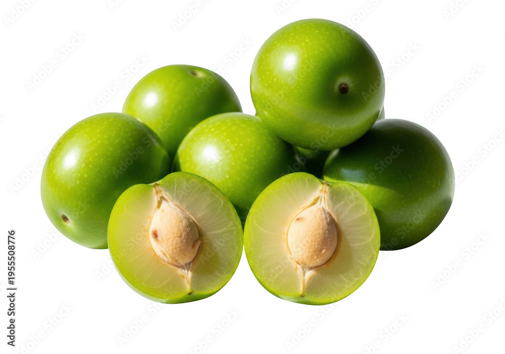 Obraz premium Fresh green plums isolated on transparent background, a vibrant and juicy fruit, with a sweet and tangy flavor, perfect for healthy eating and summer treats