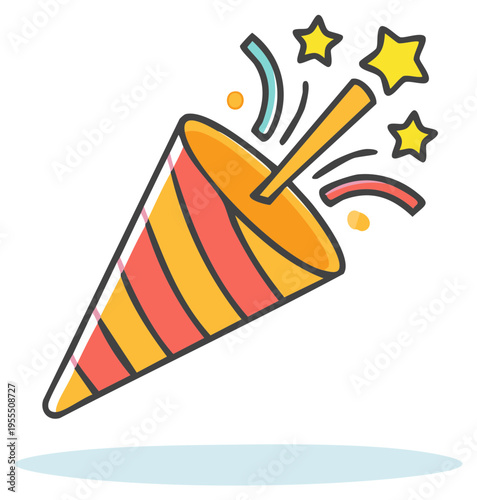 Striped party popper cracker exploding with colorful confetti and stars for a celebration. Vector icon.