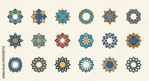 Set of intricate colorful geometric star-shaped patterns inspired by traditional tile designs for