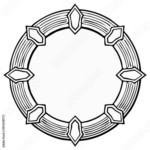 Ornate Round Frame with Gemstone Elements Line Art Design Decorative Circular Border