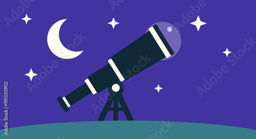 Stylized Illustration of a Telescope Under a Night Sky with Moon and Stars