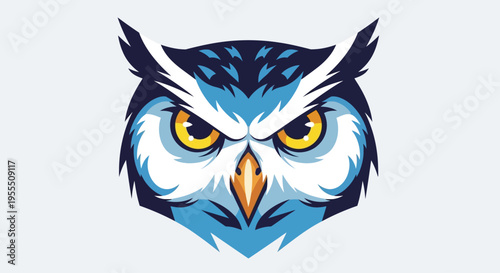 Stylized illustration of an owl with intense yellow eyes and detailed feathers in shades of blue