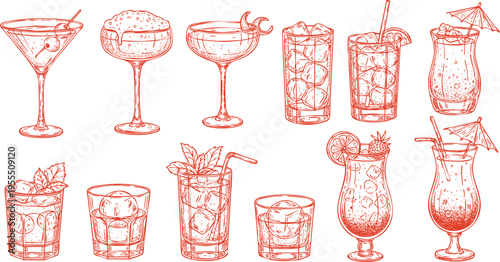 Assorted cocktail glasses with drinks and garnishes doodle illustrations on transparent background for party