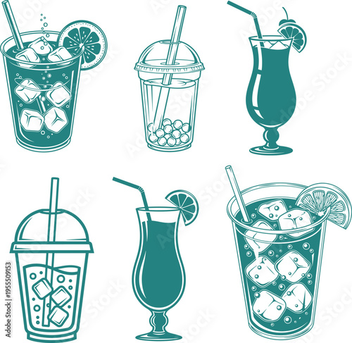 Cocktail and bubble tea vector illustration set with iced drinks in plastic cups and elegant glassware on transparent base