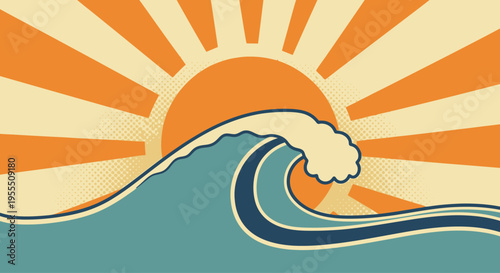 Stylized sunset over ocean wave with rising sun rays in vintage illustration style