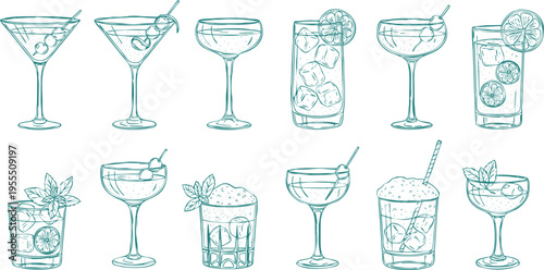 Set of twelve different cocktail glass types outlines with various beverages drinks and garnishes vector