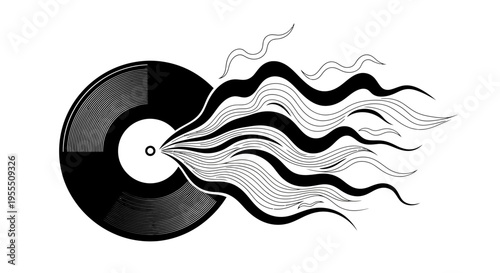 Abstract black and white illustration of a vinyl record with fluid lines emanating from it